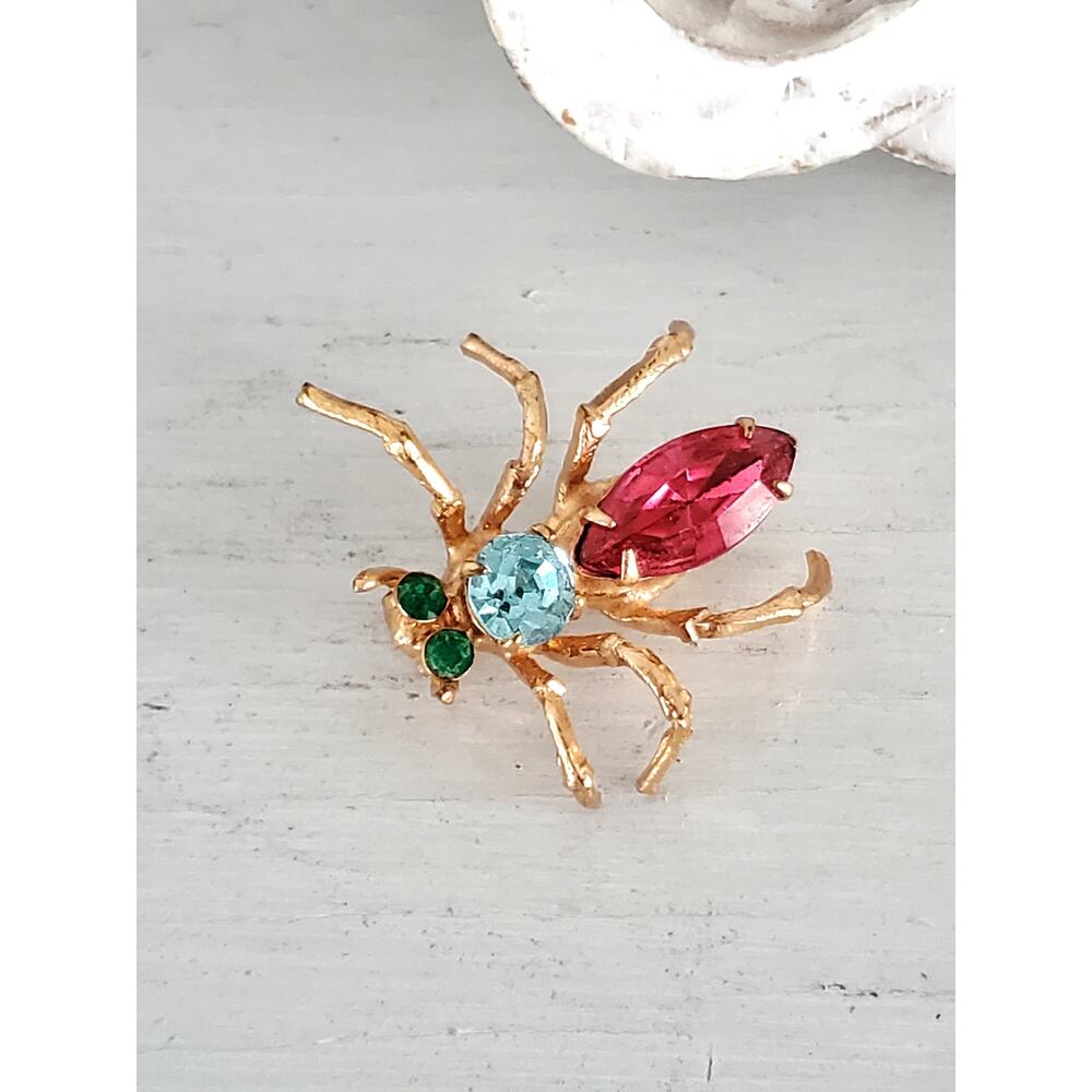 Vintage Blue Pink and Green Czech Glass Spider Bug Brooch